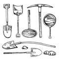 Mining and digging tools. Vector hand drawn vintage outline graphic set of historic shovels, pick and pan